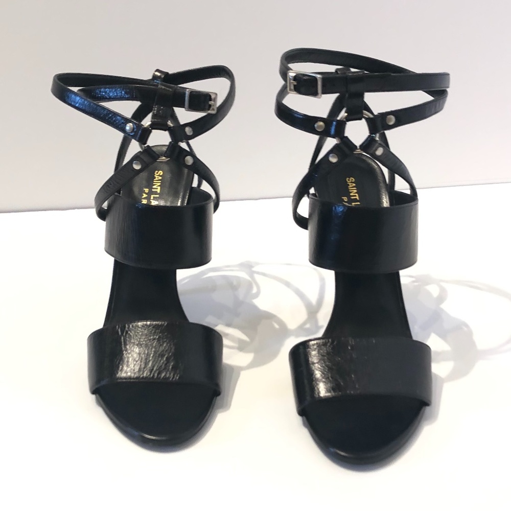 YSL Black Fetish Strappy Leather Sandal Heels Sz38